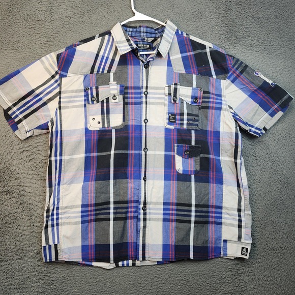 Parish Nation Shirt Mens 3XL Blue Black Plaid Short Sleeve Button Up Casual - Picture 1 of 12